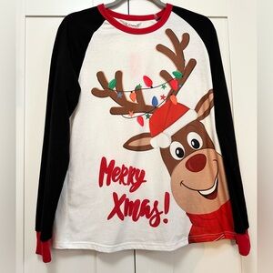 Merry Xmas Reindeer Long Sleeve Top Black Red and White Sz MED NEW!